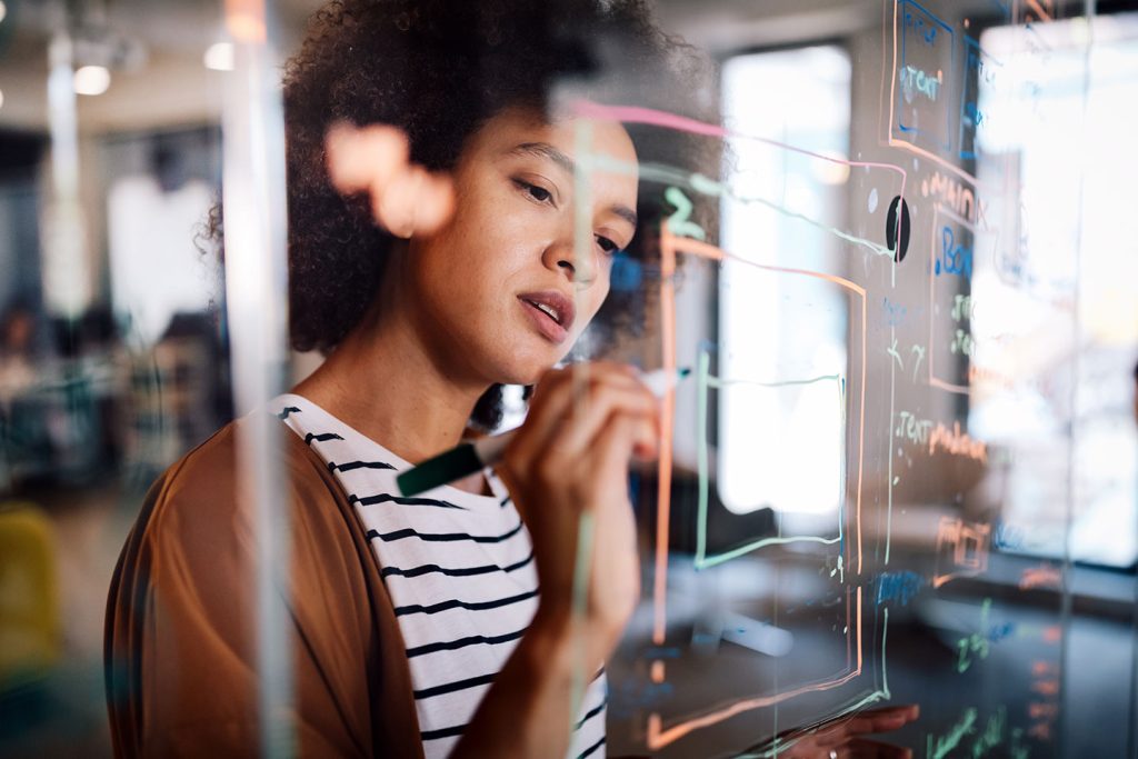 Woman strategizing a marketing plan with a diagram on a wall